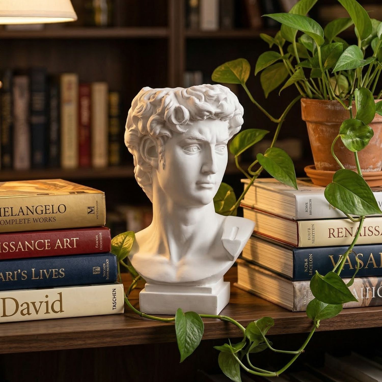 Greek David resin bust vase, white sculpted head on desk with pen holder use