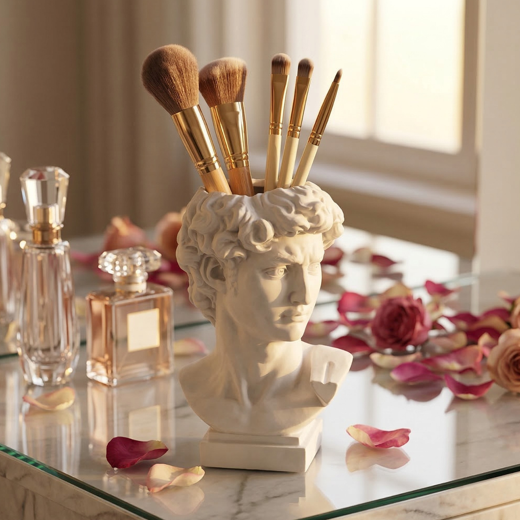 Greek David bust makeup brush holder with clustered gold-handled brushes