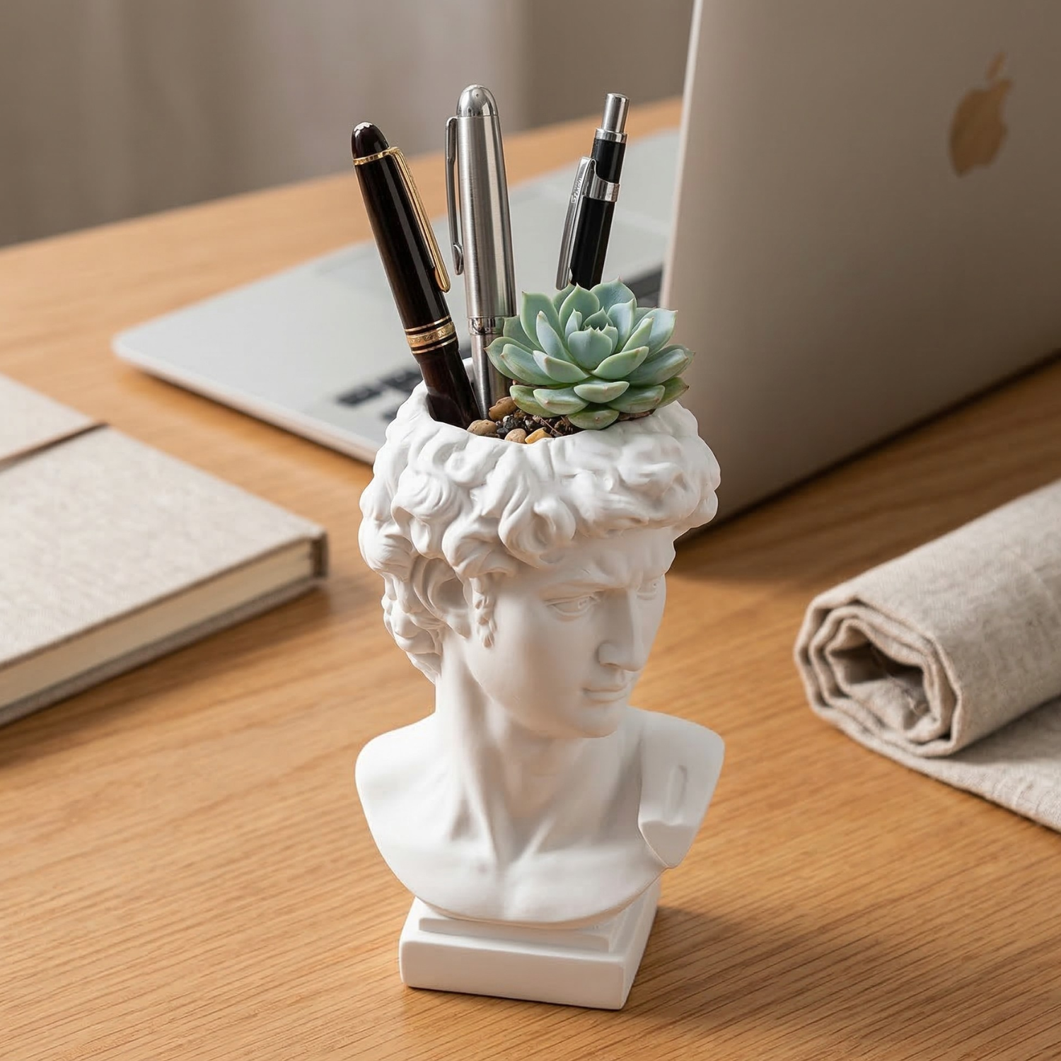 White Greek David bust pen organizer holding pens and a small succulent