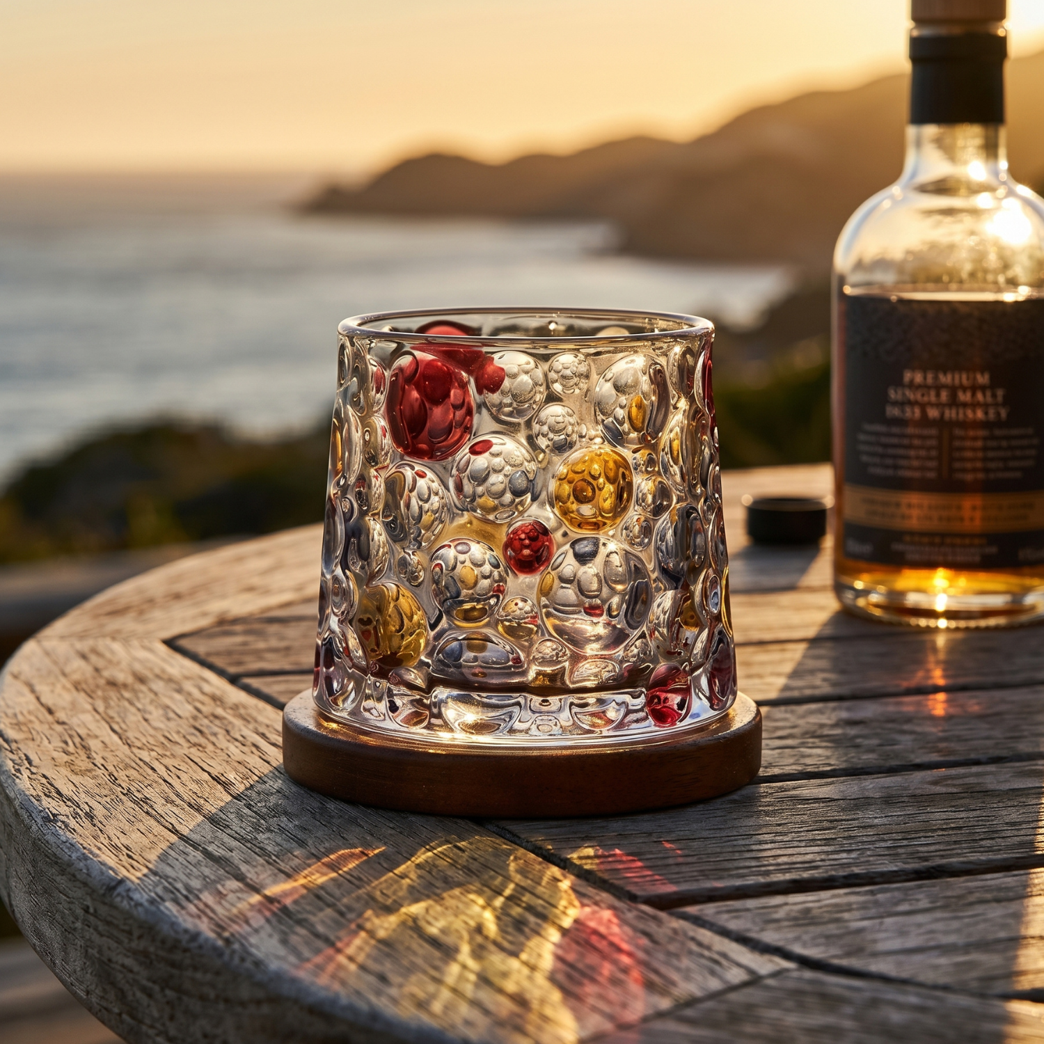 Hand Painted Rotating Whiskey Glass with Wooden Base Crystal Aerating Tumbler for Bourbon Scotch cocktail