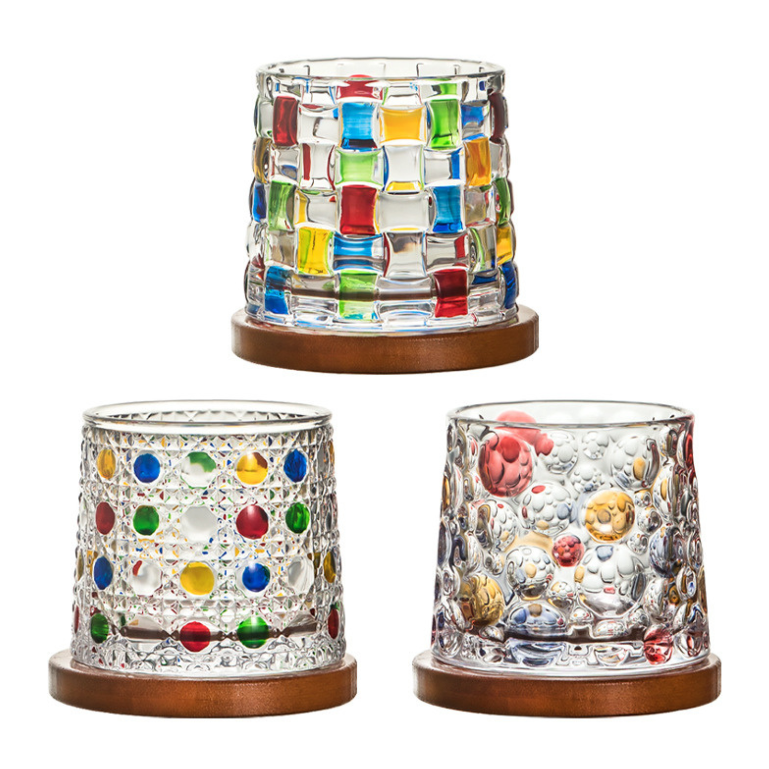Hand Painted Rotating Whiskey Glass with Wooden Base Crystal Aerating Tumblers