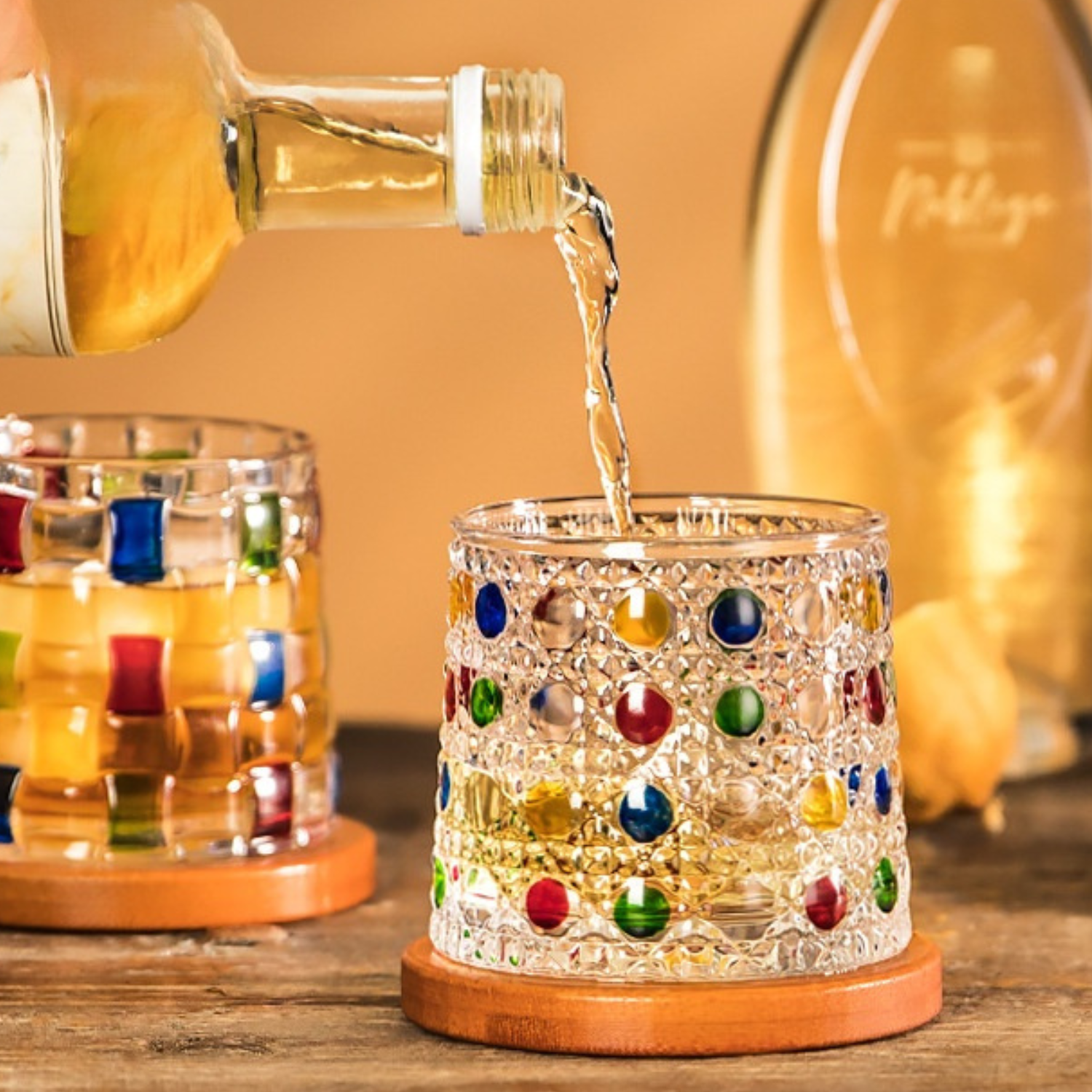 Hand Painted Rotating Whiskey Glass with Wooden Base Crystal Aerating Tumbler for Bourbon Scotch