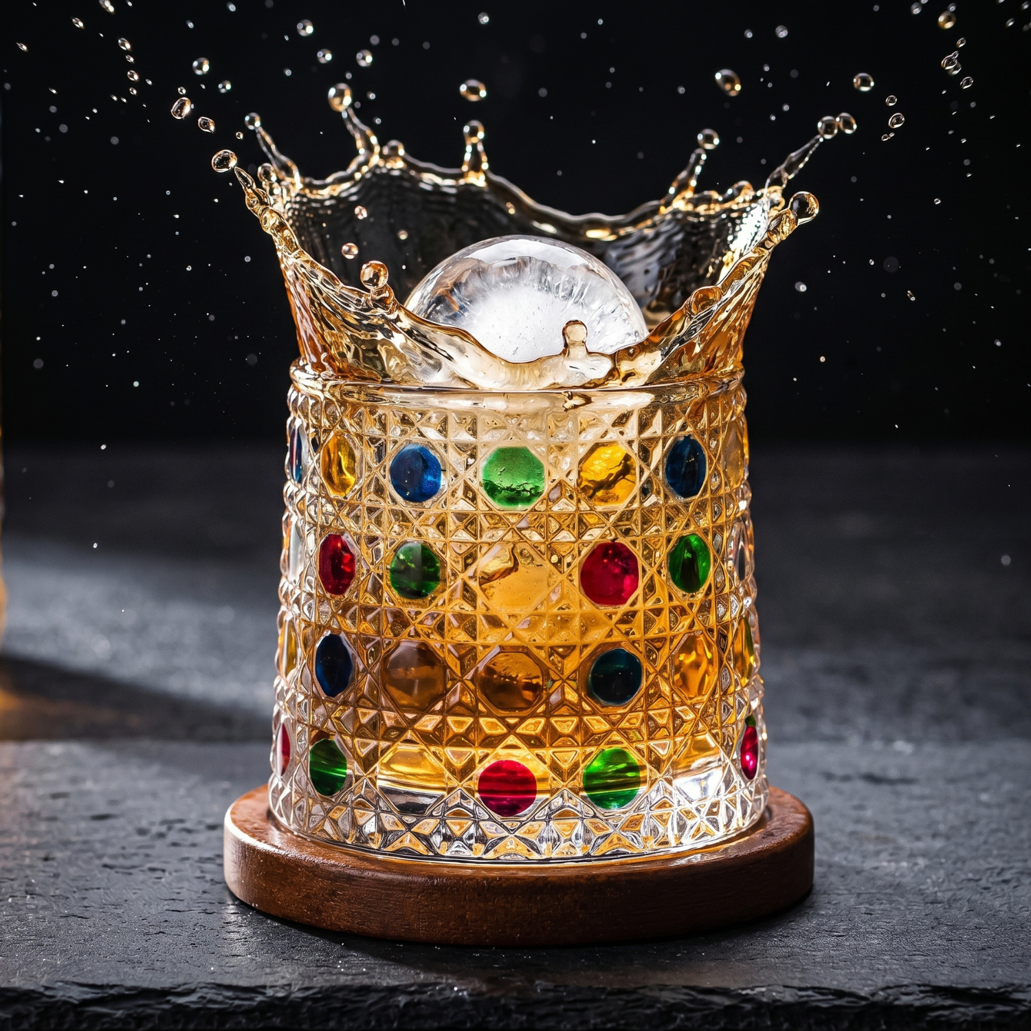 Hand Painted Rotating Whiskey Glass with Wooden Base Crystal Aerating Tumbler for Bourbon Scotch
