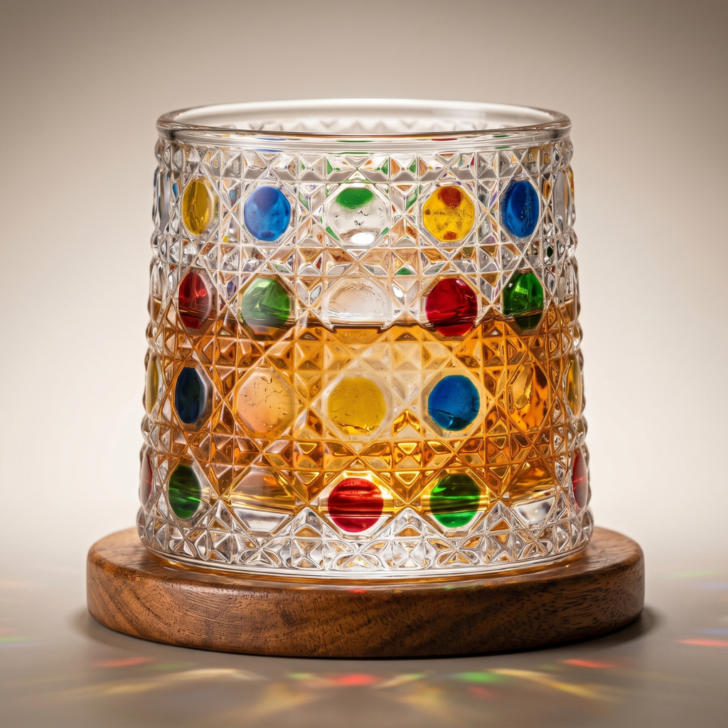 Hand Painted Rotating Whiskey Glass with Wooden Base Crystal Aerating Tumbler for Bourbon Scotch