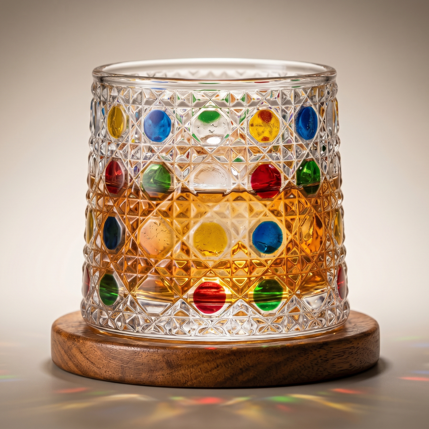 Hand Painted Rotating Whiskey Glass with Wooden Base Crystal Aerating Tumbler for Bourbon Scotch