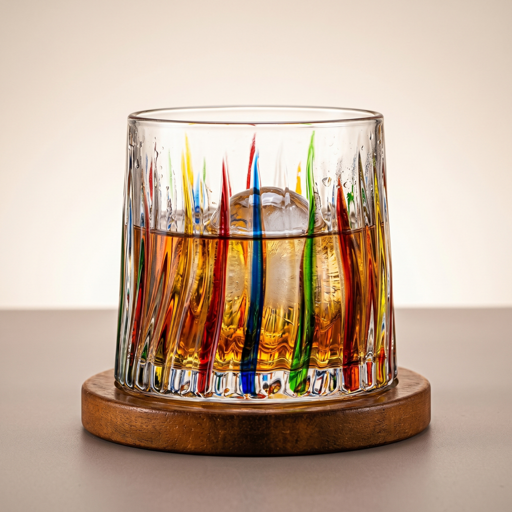 Hand Painted Rotating Whiskey Glass with Wooden Base Crystal Aerating Tumbler for Bourbon Scotch