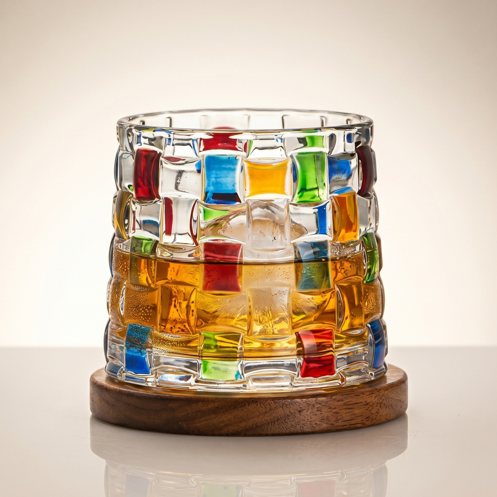 Hand Painted Rotating Whiskey Glass with Wooden Base Crystal Aerating Tumbler for Bourbon Scotch