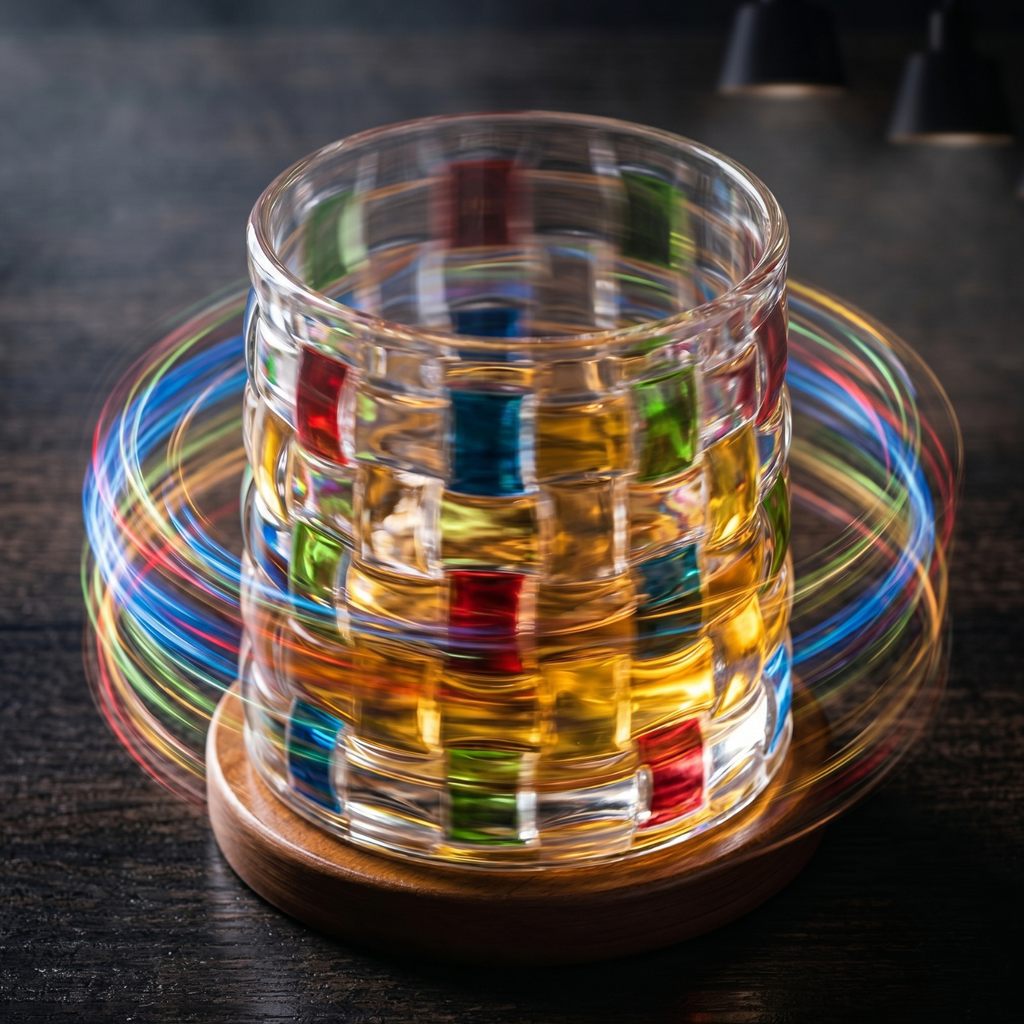 Hand Painted Rotating Whiskey Glass with Wooden Base Crystal Aerating Tumbler for Bourbon Scotch