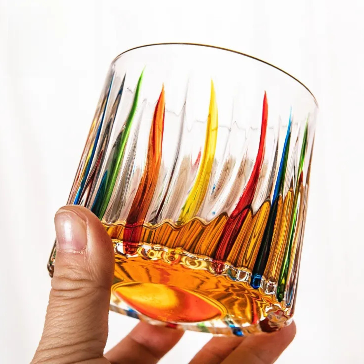 Hand-painted rotating whiskey tumbler, multi-color stripes, crystal, 270ml
