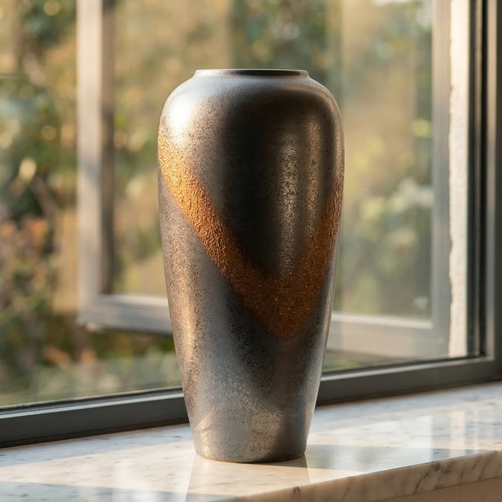 Bronze-colored ceramic vase on a marble surface with a window in the background