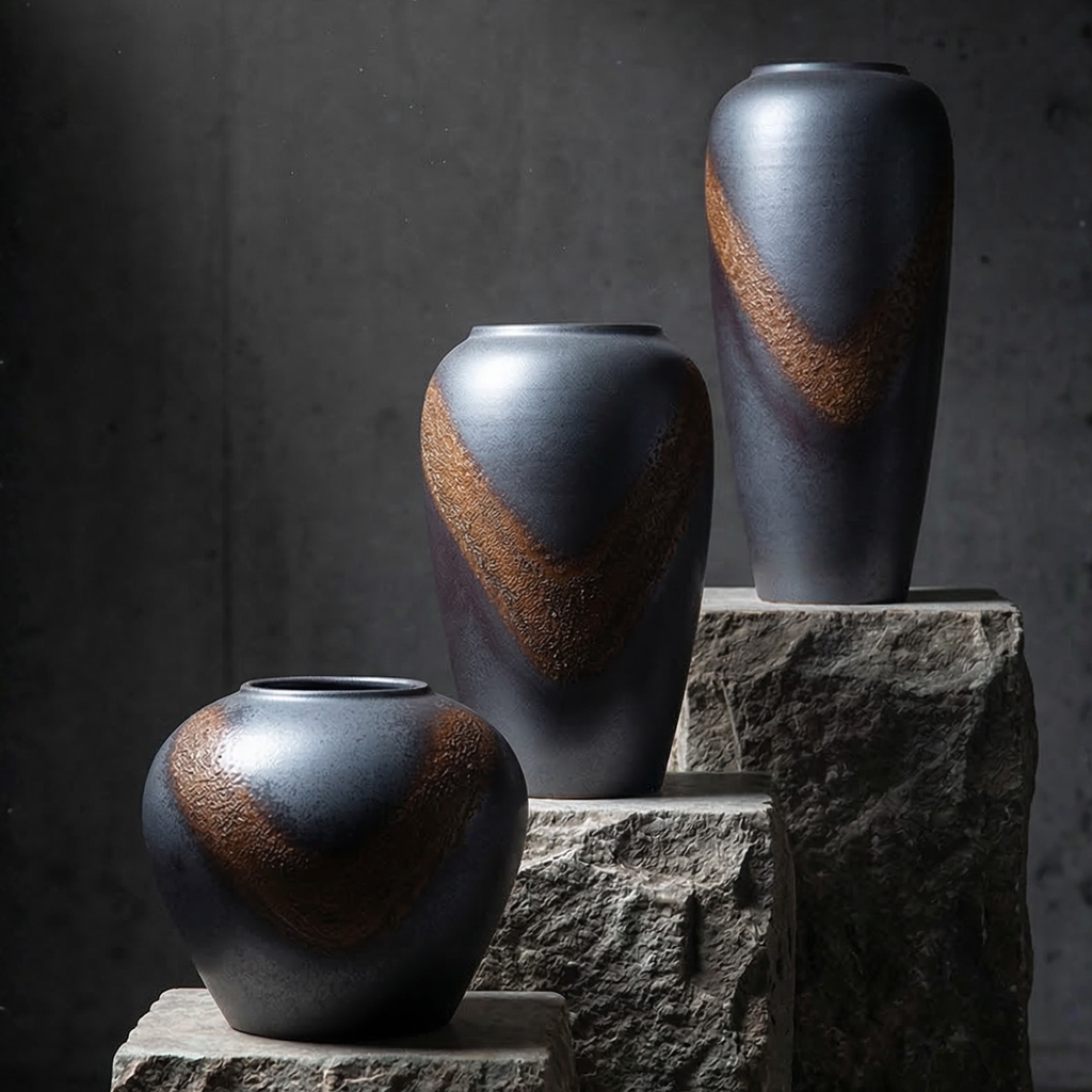Three dark ceramic vases with textured surfaces on stone plinths against a dark background