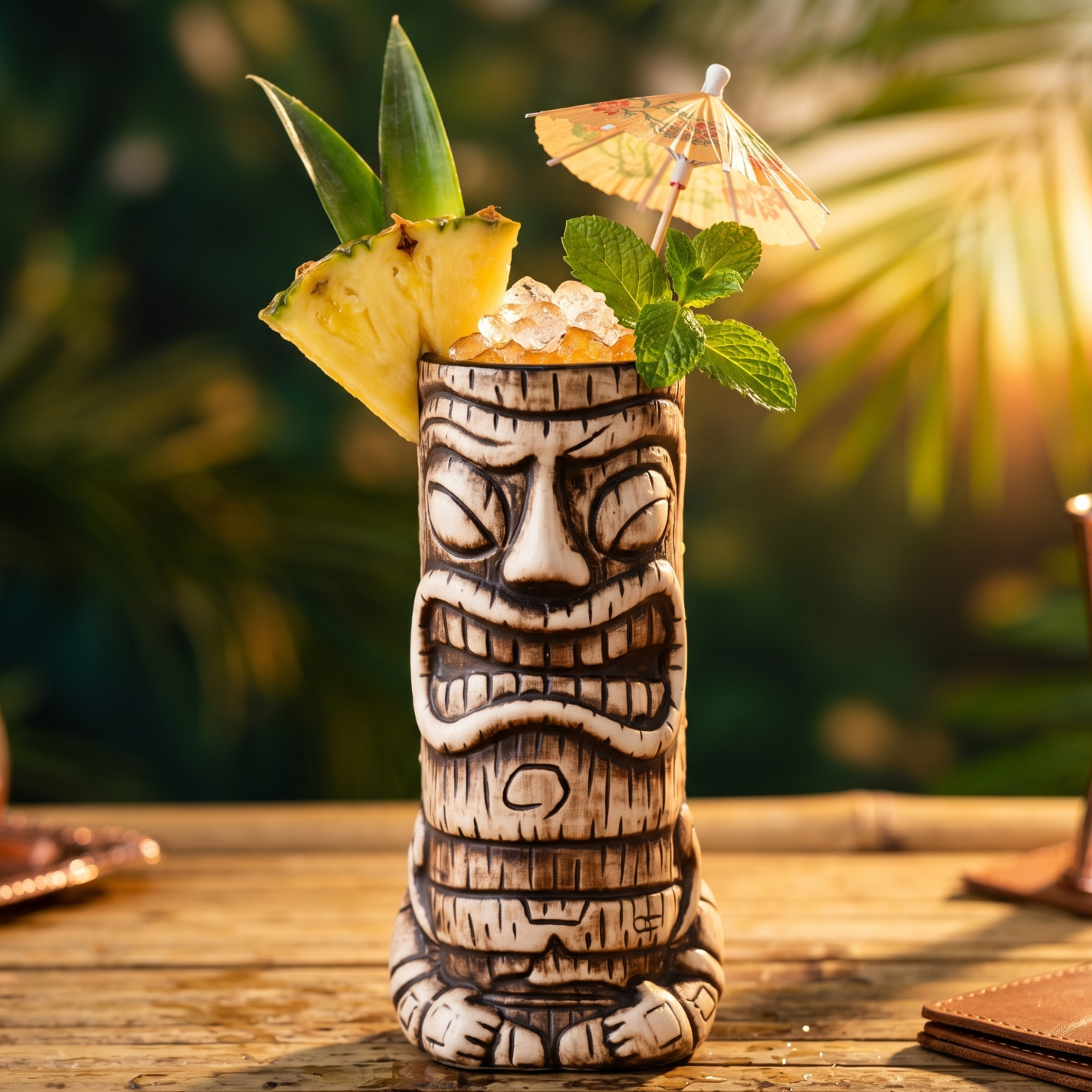 Tiki mug with a tropical drink, pineapple slice, and umbrella on a wooden surface with a blurred natural background.