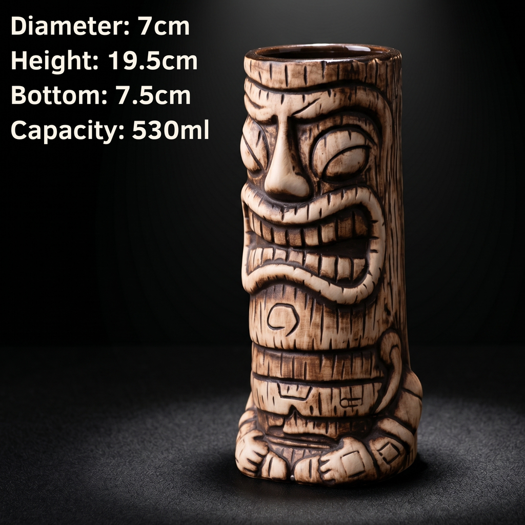 Tiki mug with measurements on a dark background