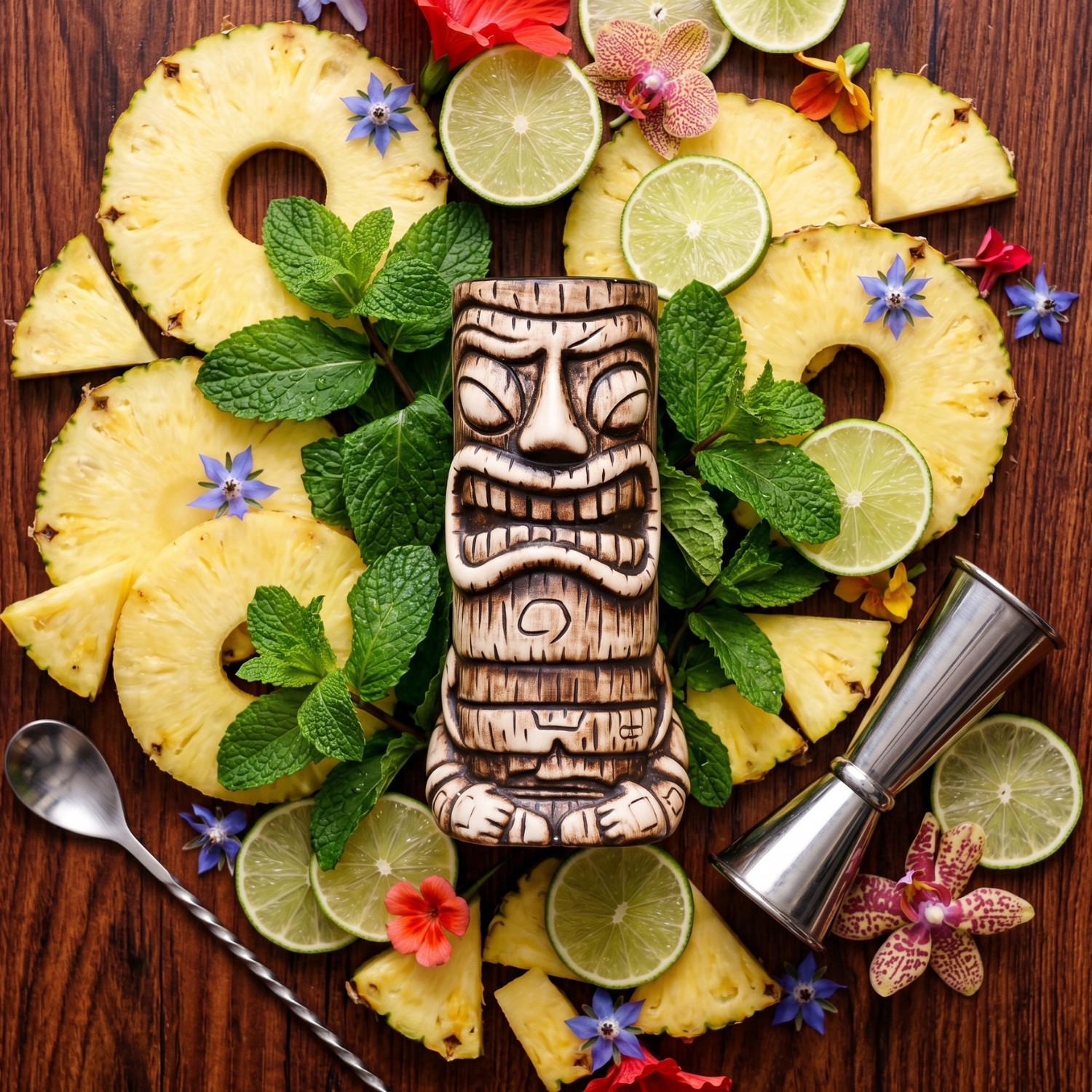 Tiki mug surrounded by pineapple slices, lime wedges, and flowers on a wooden surface.