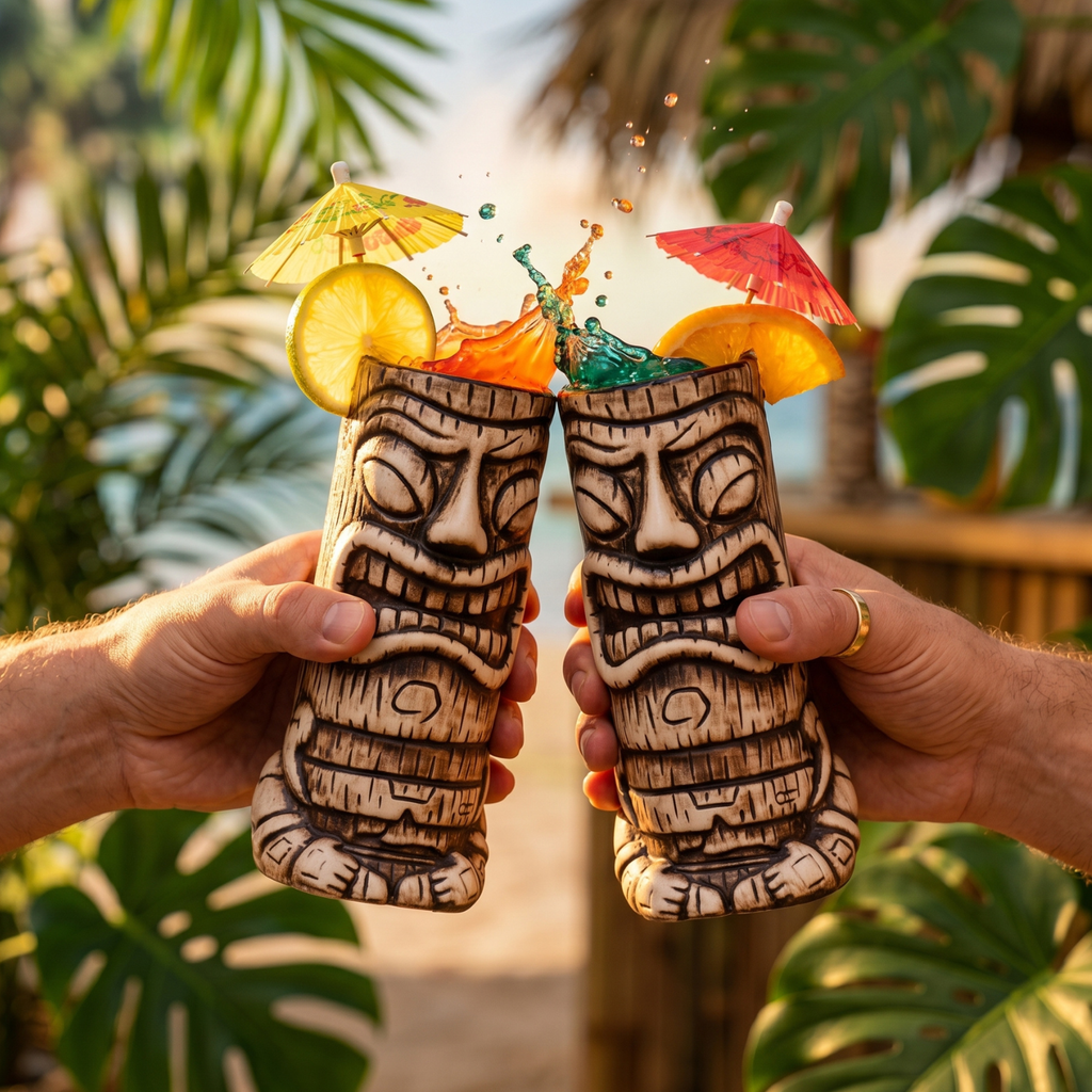 Two hands holding tiki-themed cocktails with splashing drinks against a tropical background.