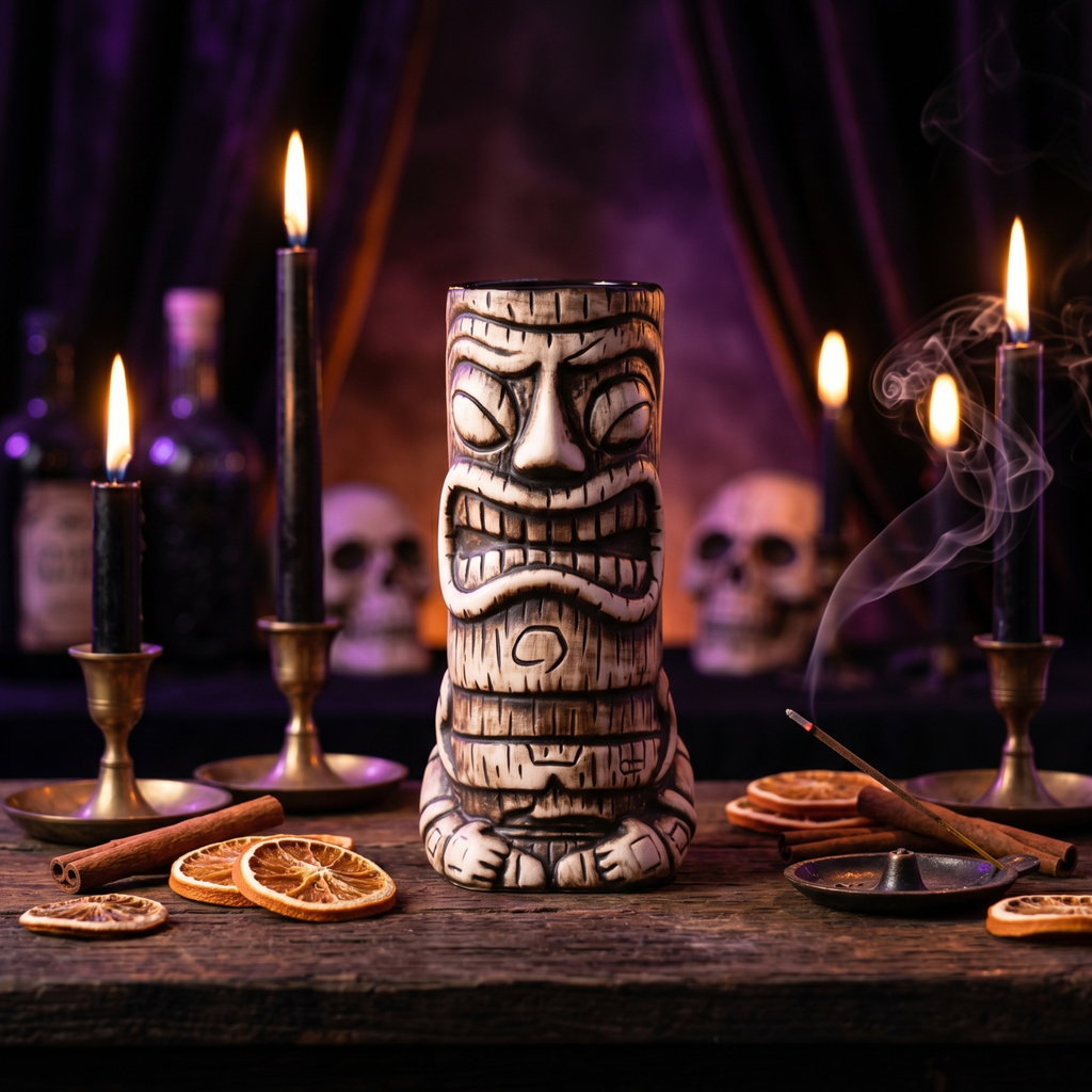 Tiki mug with face design on a table with candles and skull decorations