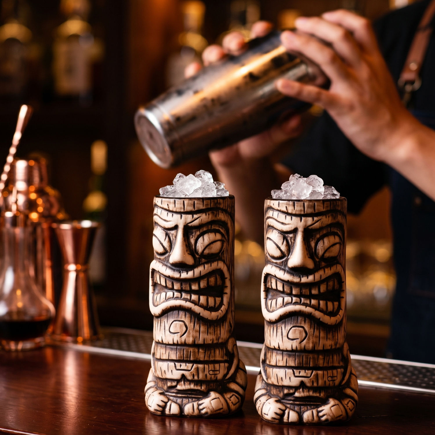 Two tiki mugs with ice being filled by a bartender in a bar setting.