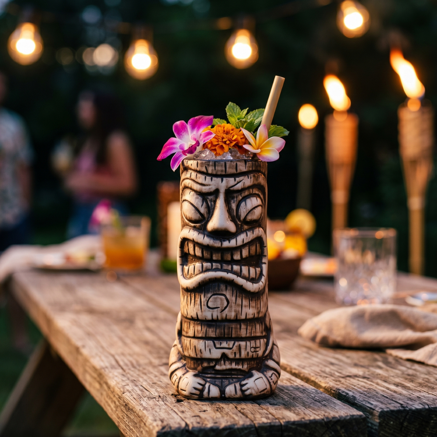 Tiki mug with floral decorations and a straw on a wooden table outdoors.