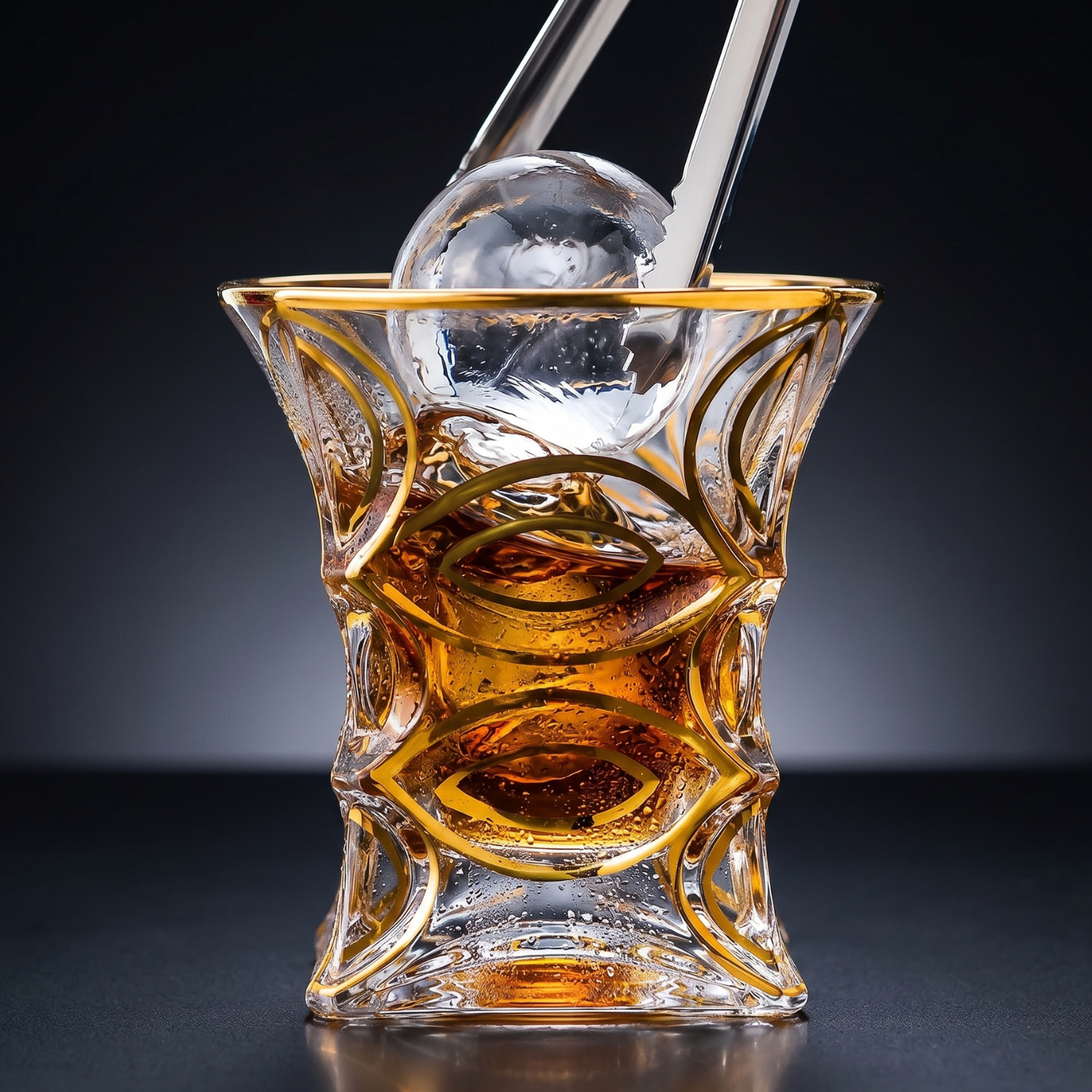 Hourglass crystal whiskey tumbler, square shape with gold rim and amber tones