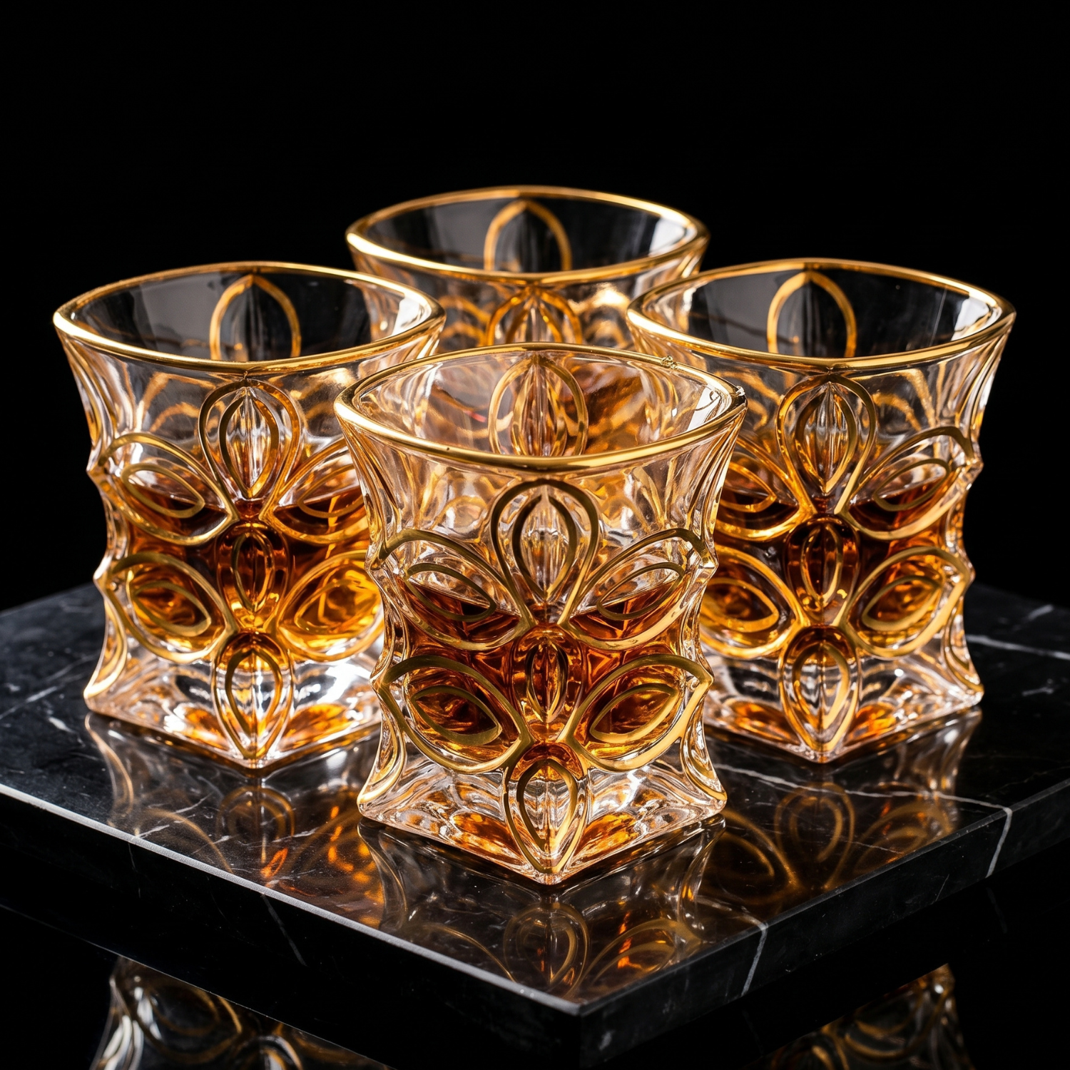 Set of hourglass crystal tumblers with gold rim and faceted sculpted lattice pattern