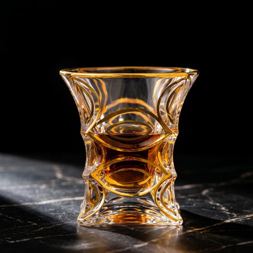Hourglass crystal tumbler top view with gold rim and amber interior highlights