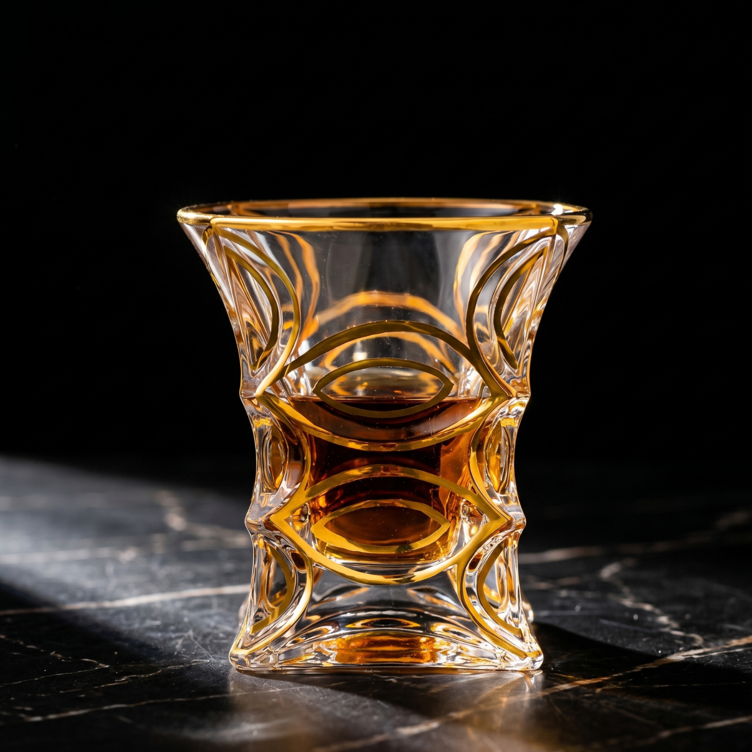 Hourglass crystal tumbler top view with gold rim and amber interior highlights