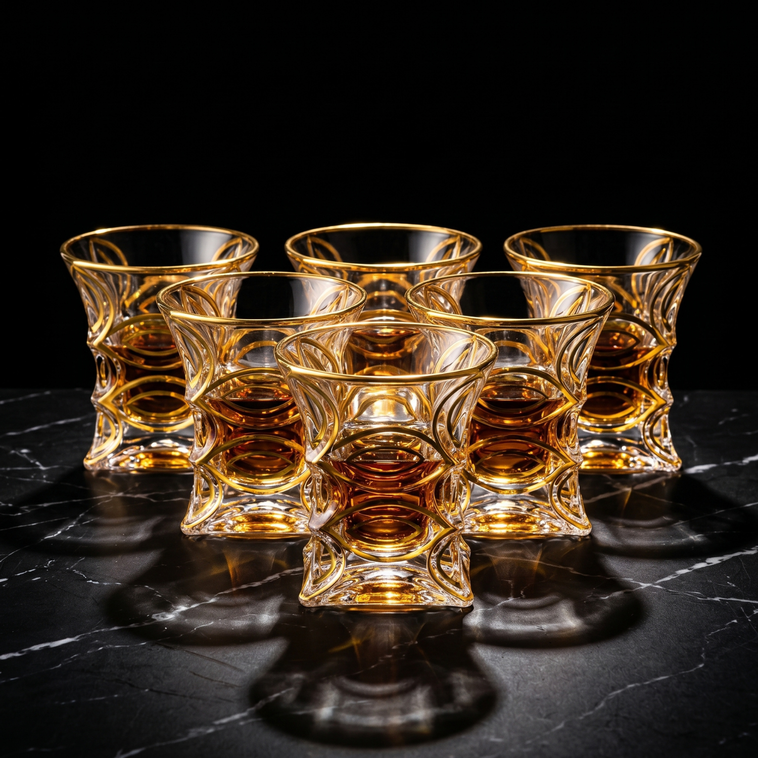 Hourglass crystal tumbler set, gold rim with sculpted facets and amber interior