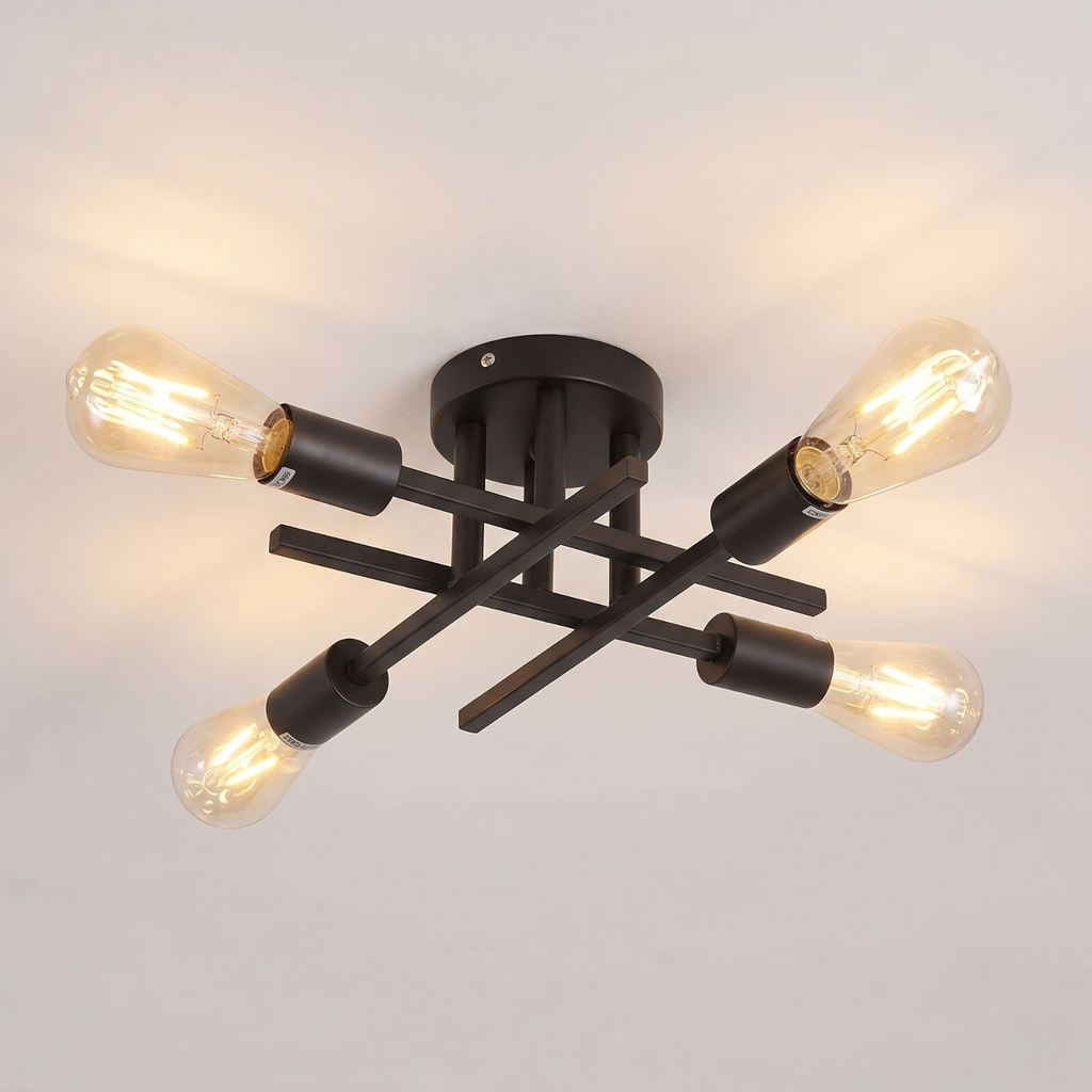 Industrial Sputnik Flush Mount Ceiling Light | 4 Head Black Iron Edison Bulb Light | Mid Century Modern | Living Room Bedroom Hallway