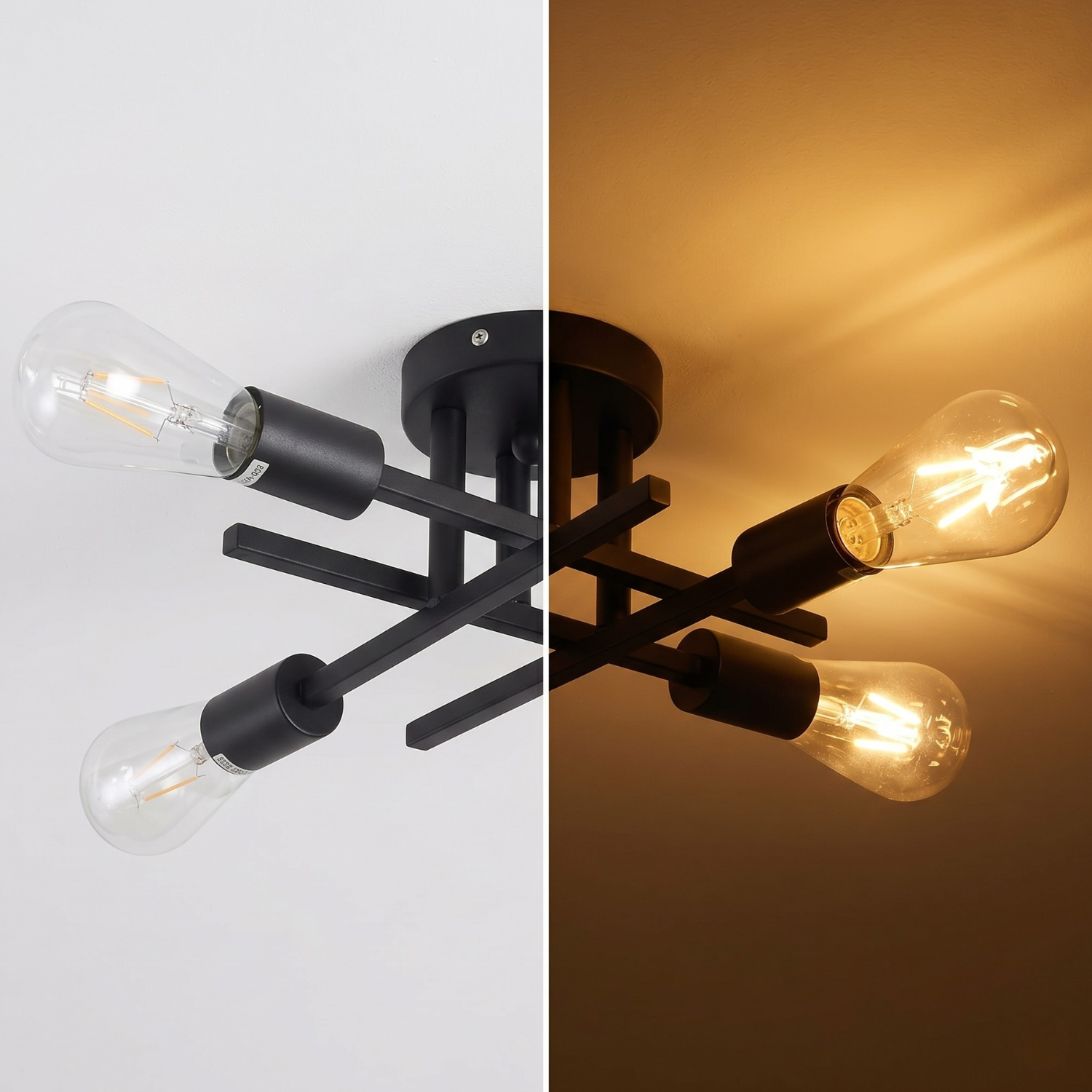 Industrial Sputnik Flush Mount Ceiling Light | 4 Head Black Iron Edison Bulb Light | Mid Century Modern | Living Room Bedroom Hallway