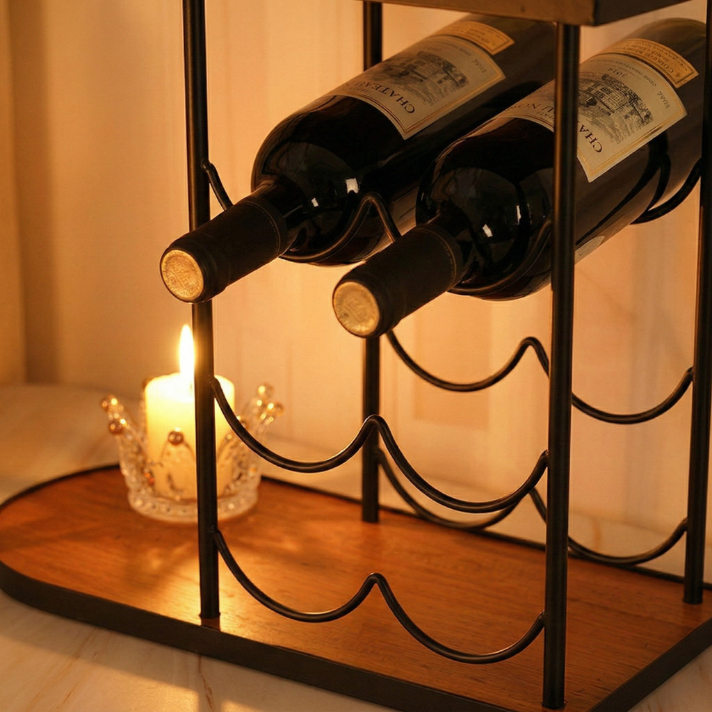 Black metal wine rack frame with curved bottle holders on rustic wood base