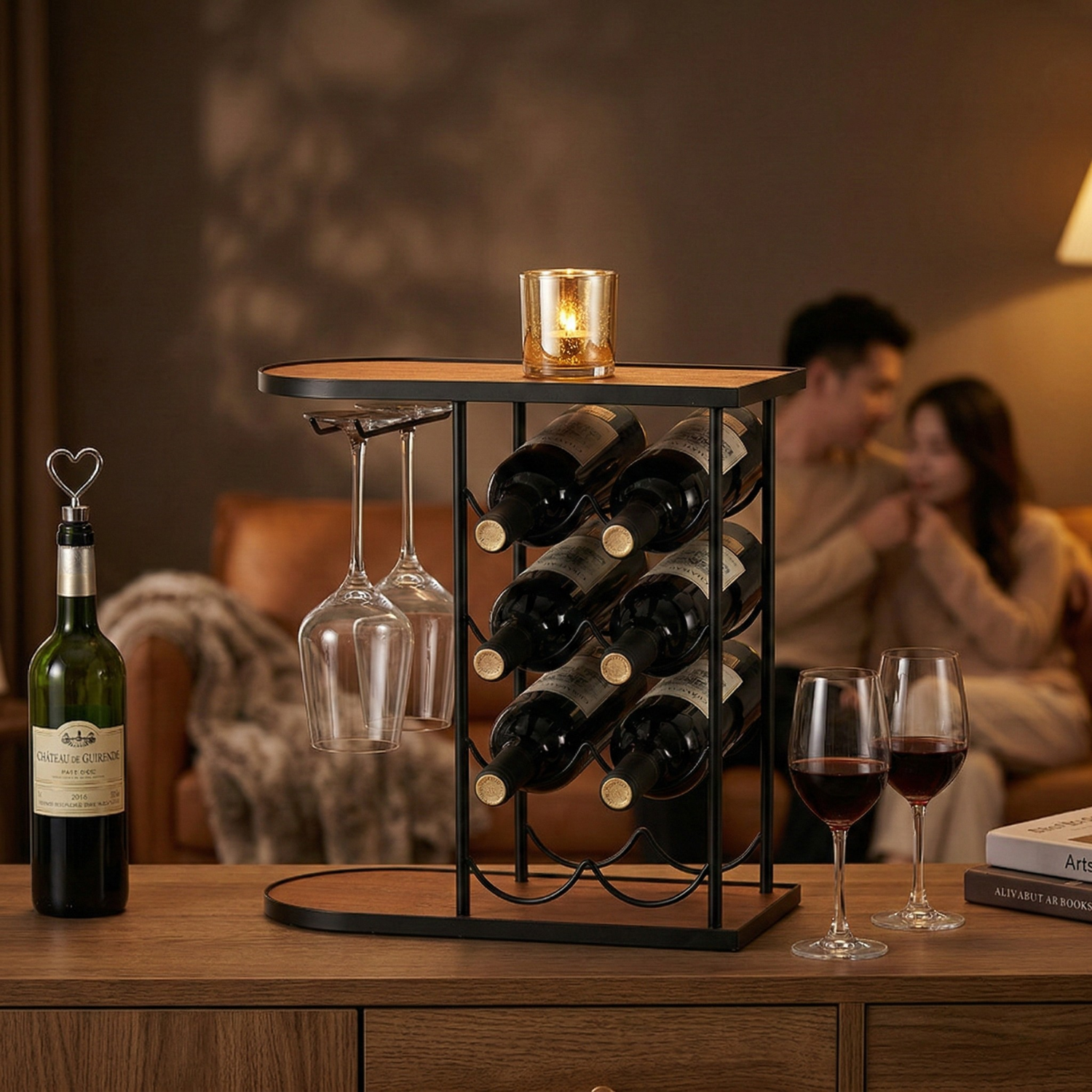 Industrial Wine Rack with Glass Holder & Rustic Wooden Shelf Countertop Bar Organizer for 8 Bottles & Stemware Storage