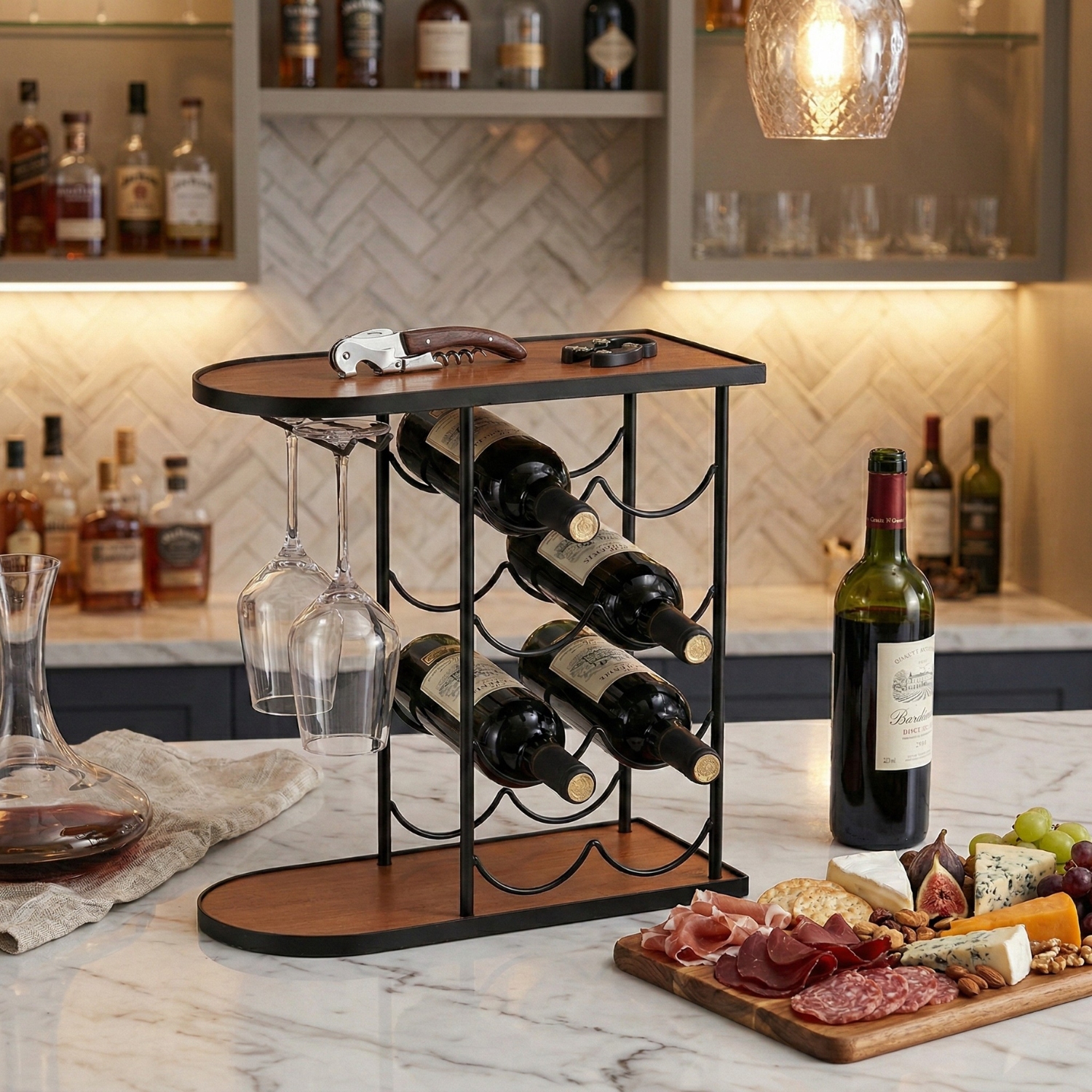Industrial Wine Rack with Glass Holder & Rustic Wooden Shelf Countertop Bar Organizer for 8 Bottles & Stemware Storage