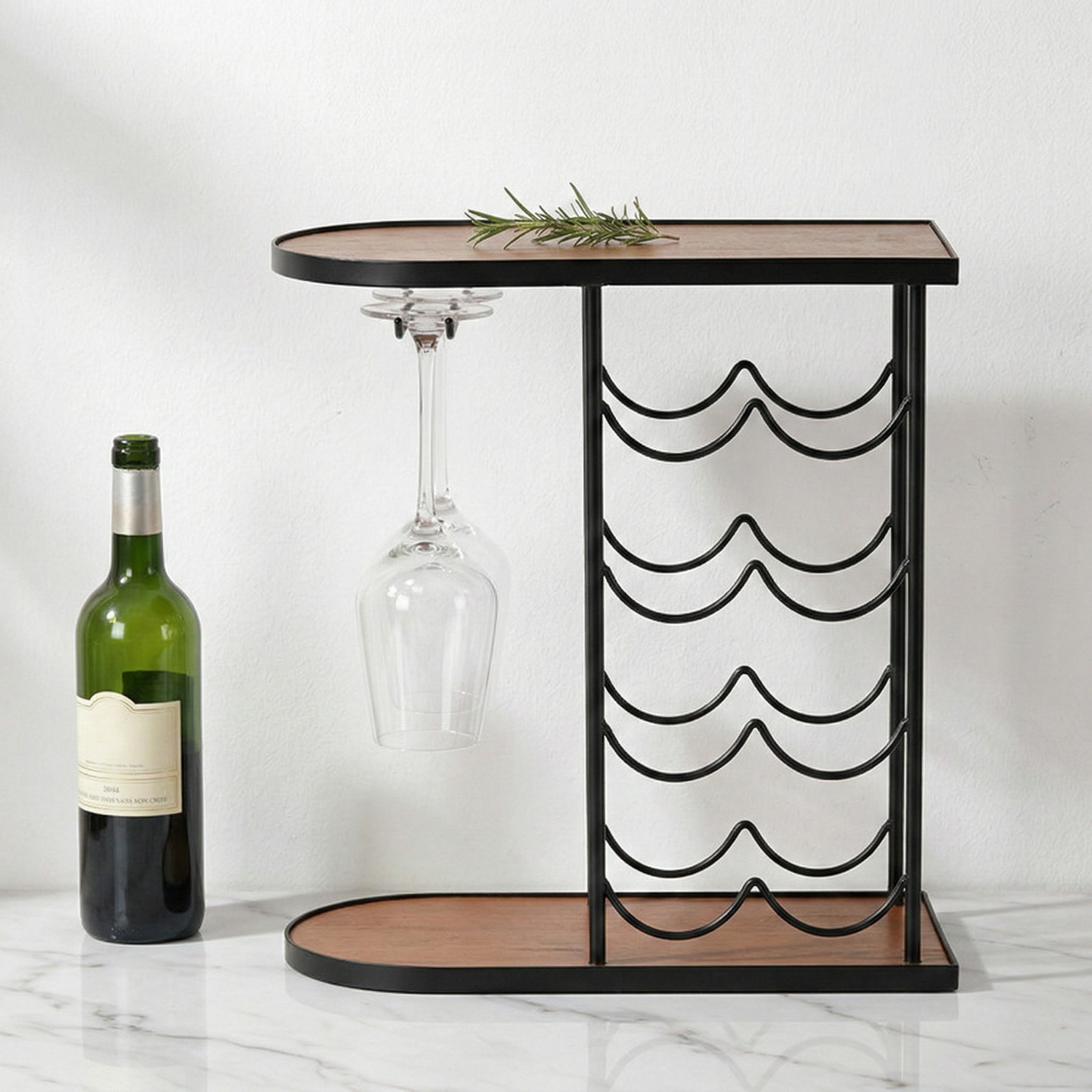 Industrial Wine Rack with Glass Holder & Rustic Wooden Shelf Countertop Bar Organizer for 8 Bottles & Stemware Storage