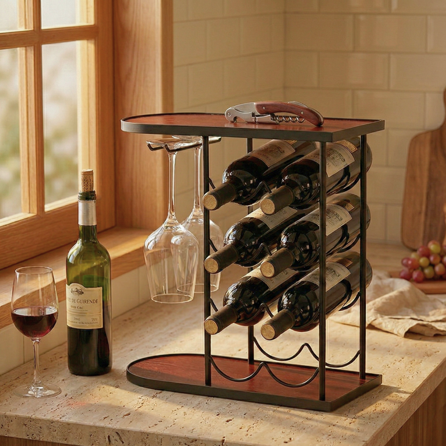 Industrial Wine Rack with Glass Holder & Rustic Wooden Shelf Countertop Bar Organizer for 8 Bottles & Stemware Storage