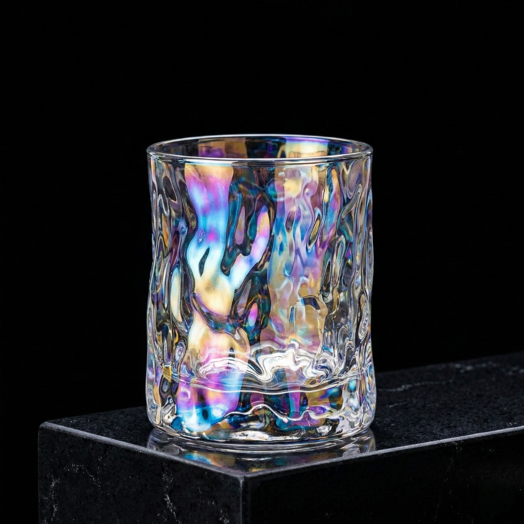Iridescent Molten-Cut Whiskey Glass Tumbler  – Thick Base Rainbow Crystal Old Fashioned Cup for Bourbon, Scotch & Cocktails