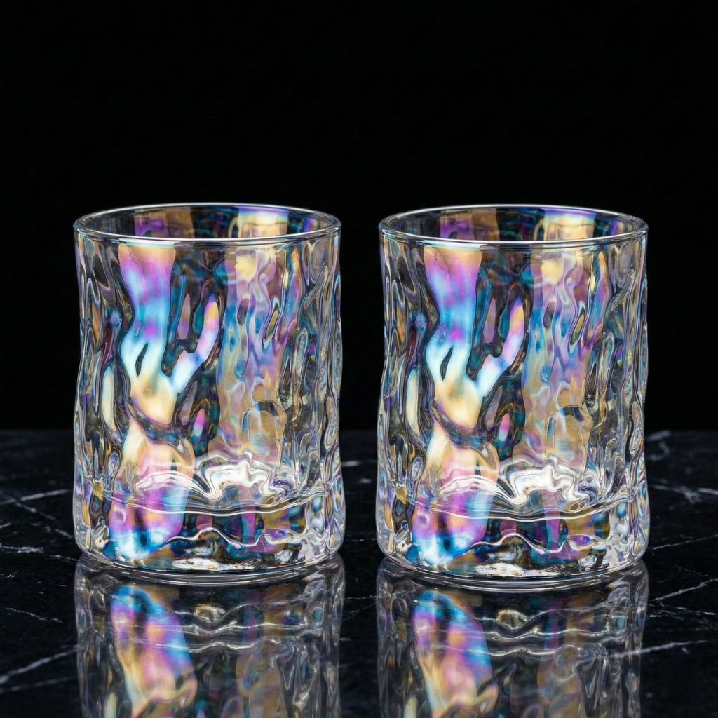 Iridescent Molten-Cut Whiskey Glass Tumbler  – Thick Base Rainbow Crystal Old Fashioned Cup for Bourbon, Scotch & Cocktails