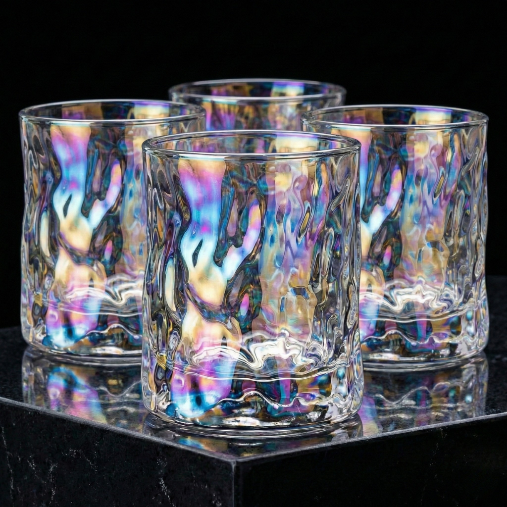 Iridescent Molten-Cut Whiskey Glass Tumbler  – Thick Base Rainbow Crystal Old Fashioned Cup for Bourbon, Scotch & Cocktails