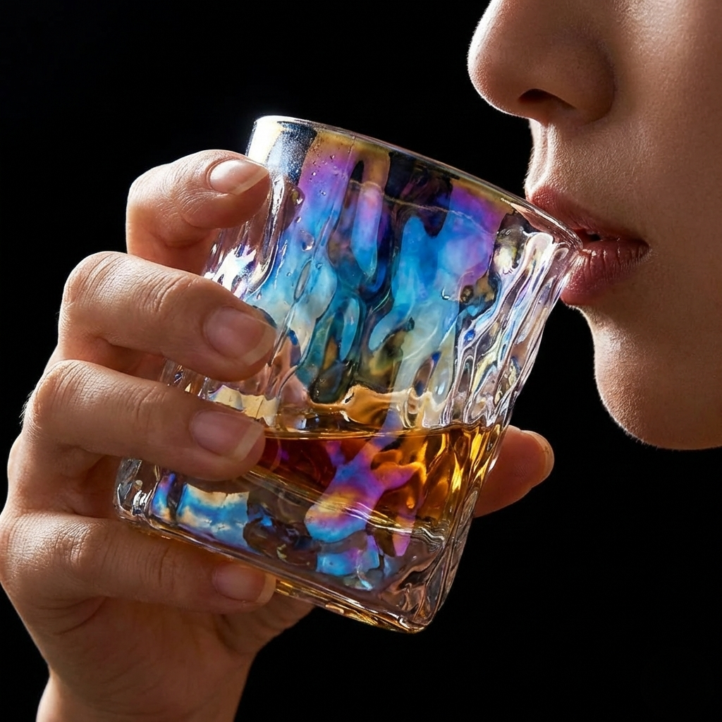 Iridescent Molten-Cut Whiskey Glass Tumbler  – Thick Base Rainbow Crystal Old Fashioned Cup for Bourbon, Scotch & Cocktails