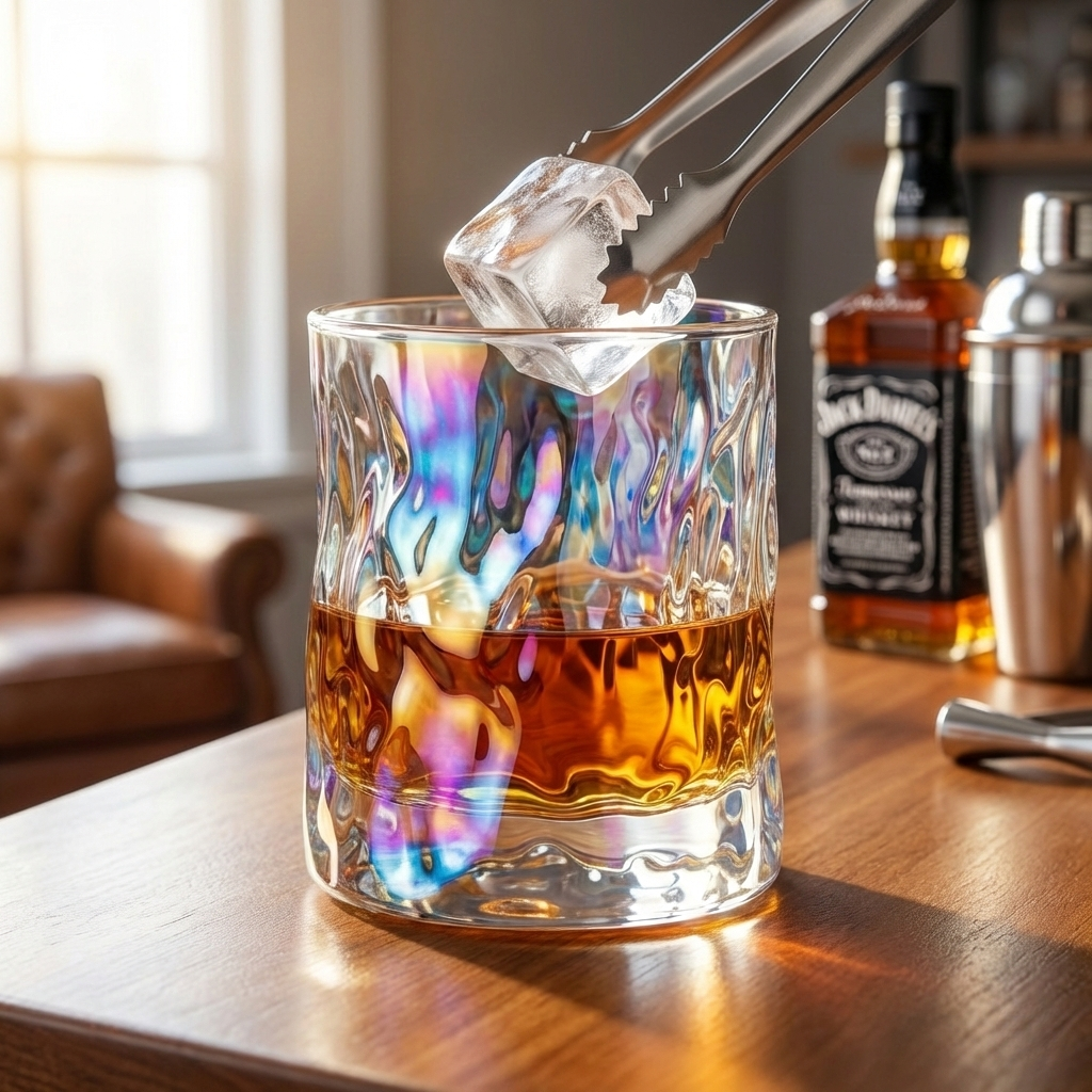 Iridescent Molten-Cut Whiskey Glass Tumbler  – Thick Base Rainbow Crystal Old Fashioned Cup for Bourbon, Scotch & Cocktails