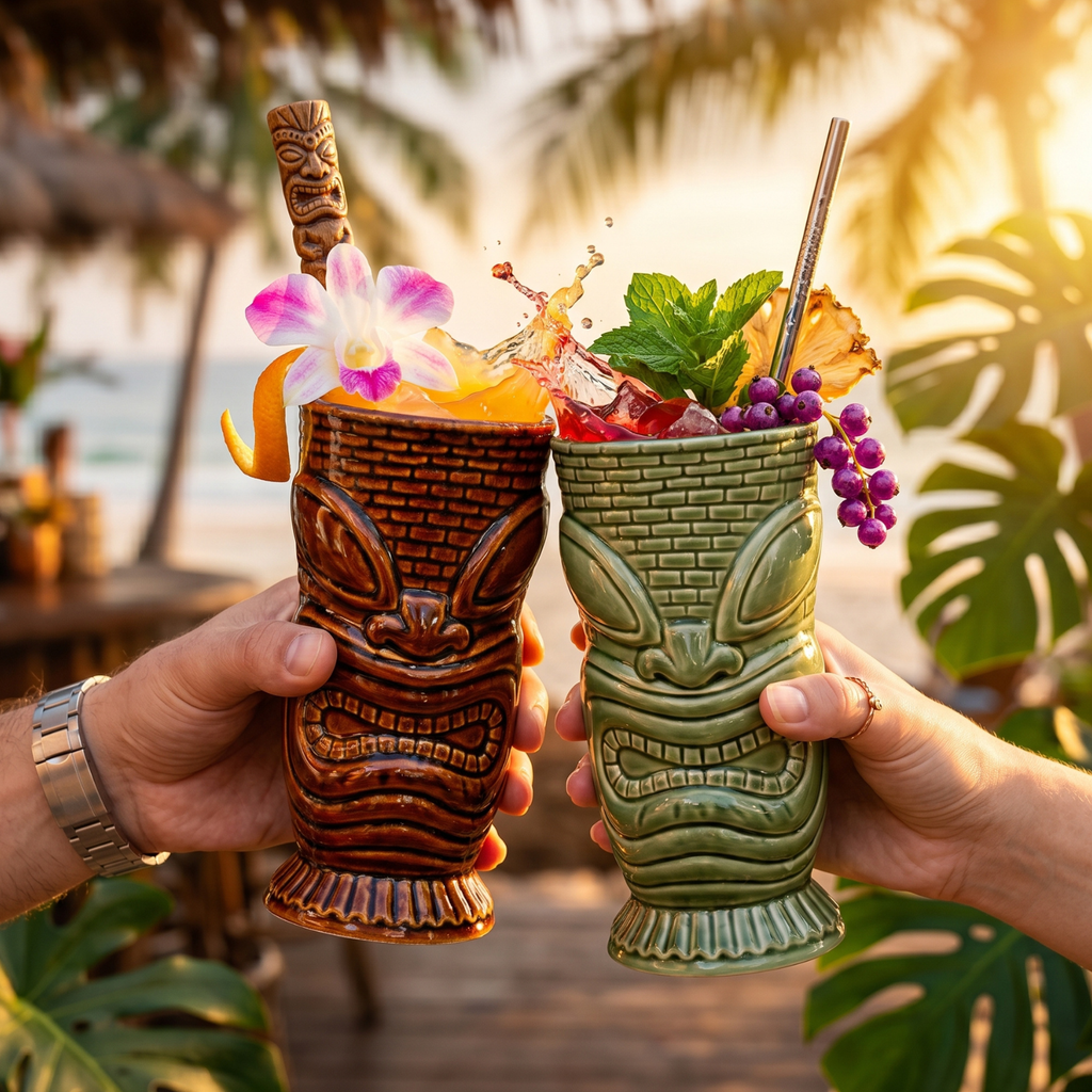 Island Idol Tiki Mug - 550ml Ceramic Cocktail Cup, Coffee Brown or Jade Green Tiki Bar Glassware