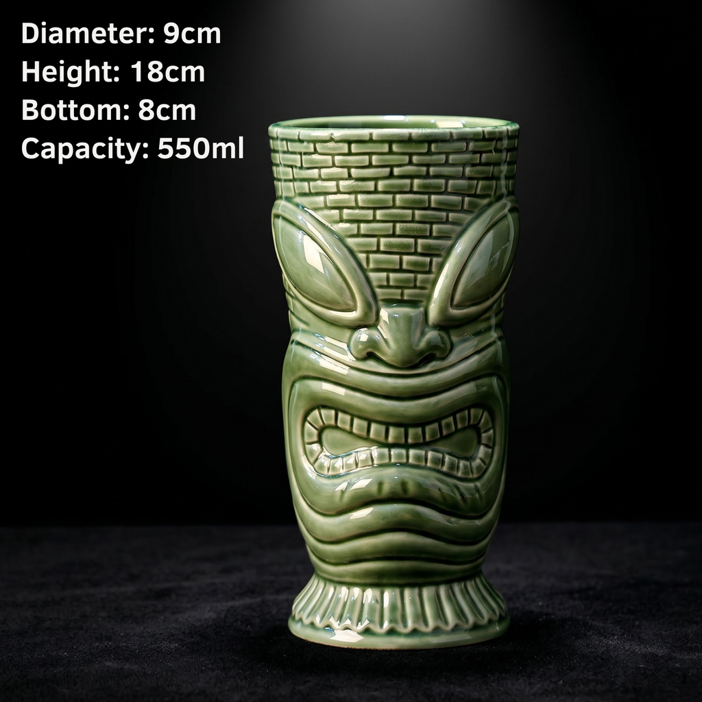 Island Idol Tiki Mug - 550ml Ceramic Cocktail Cup, Coffee Brown or Jade Green Tiki Bar Glassware