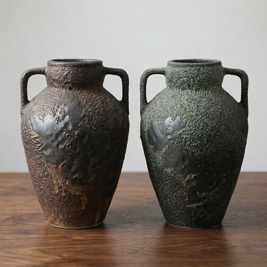 Two textured ceramic amphora vases with loop handles: dark and green patina