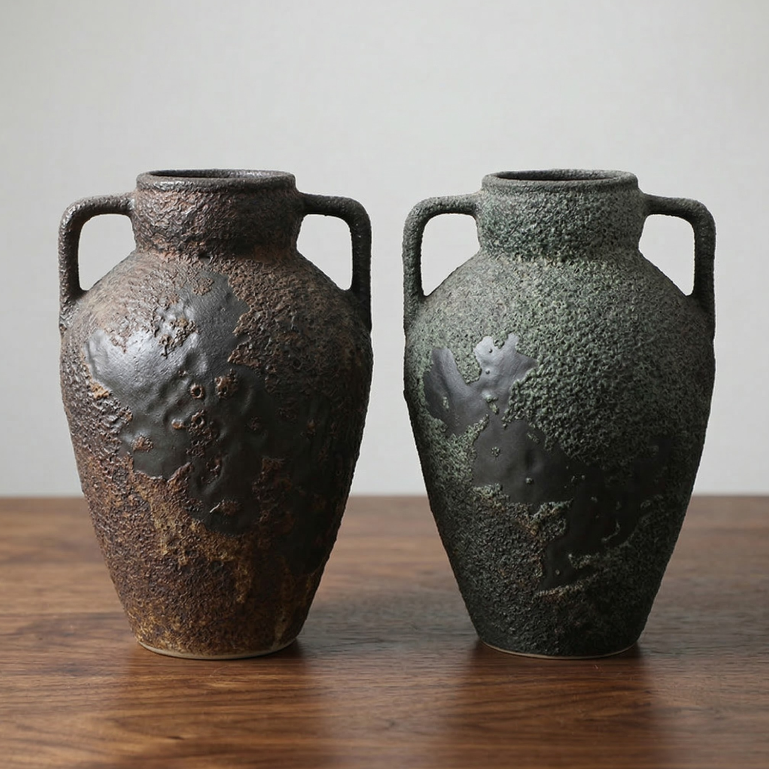 Two textured ceramic amphora vases with loop handles: dark and green patina