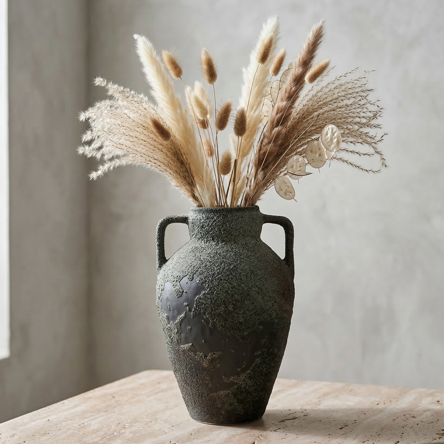 Ceramic amphora vase with two loop handles holding pampas-style reeds, green patina