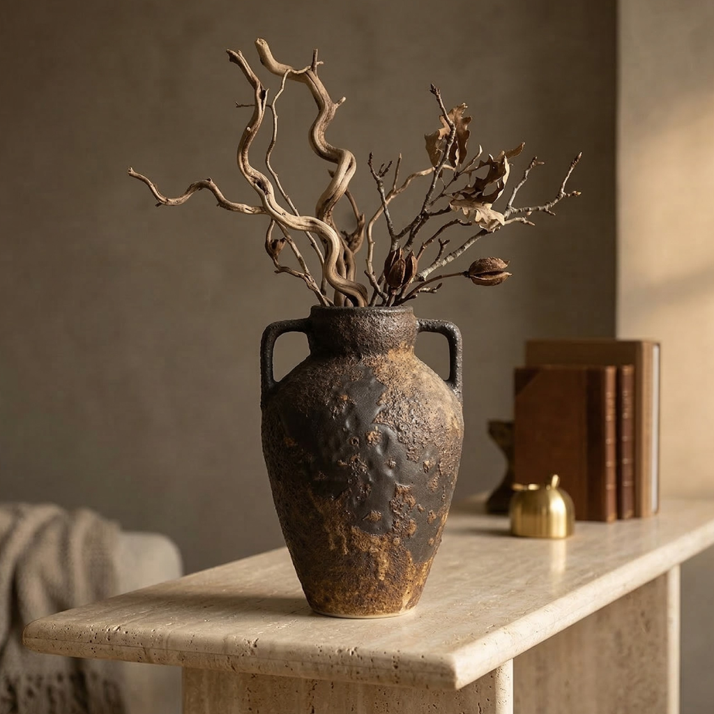 Ceramic amphora vase with two loop handles holding dried branches, dark speckled