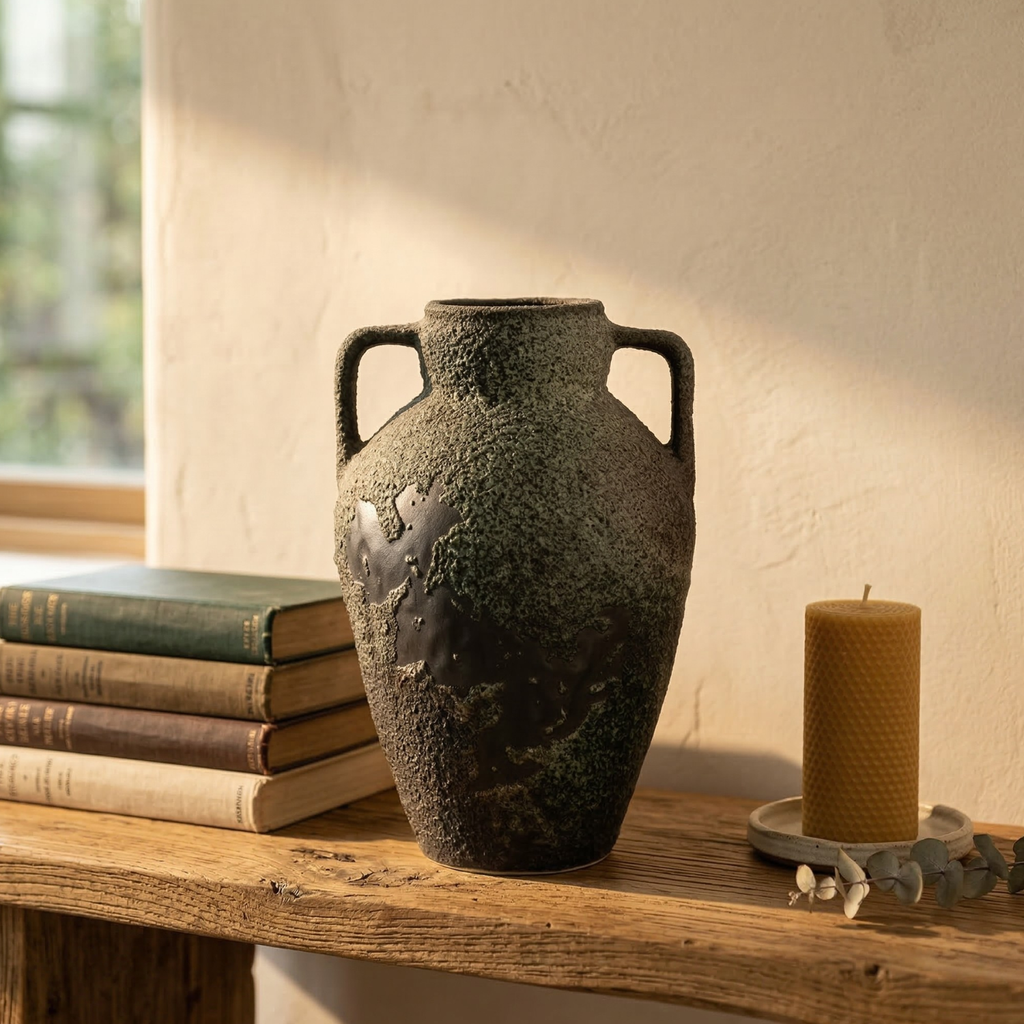 Rustic ceramic amphora vase with two loop handles, green patina finish