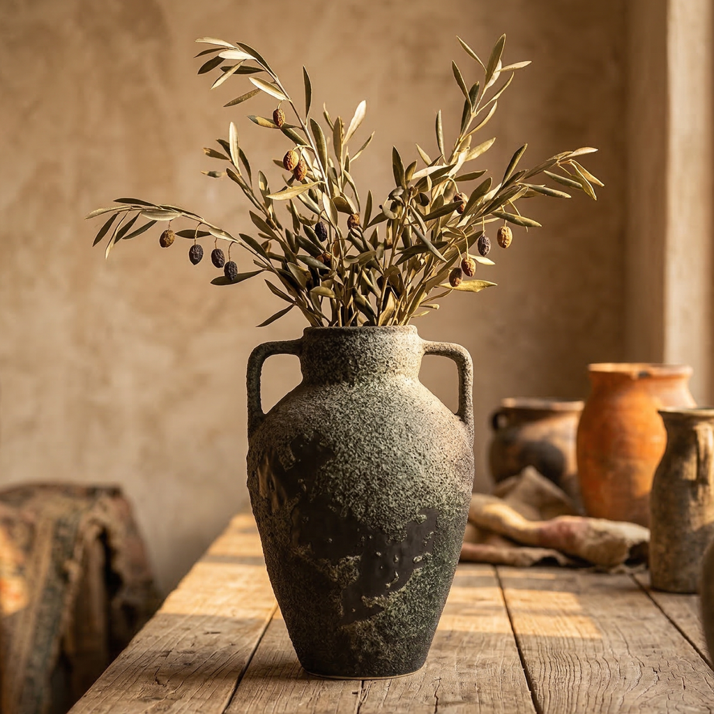 Textured ceramic amphora vase with two loop handles, dark finish