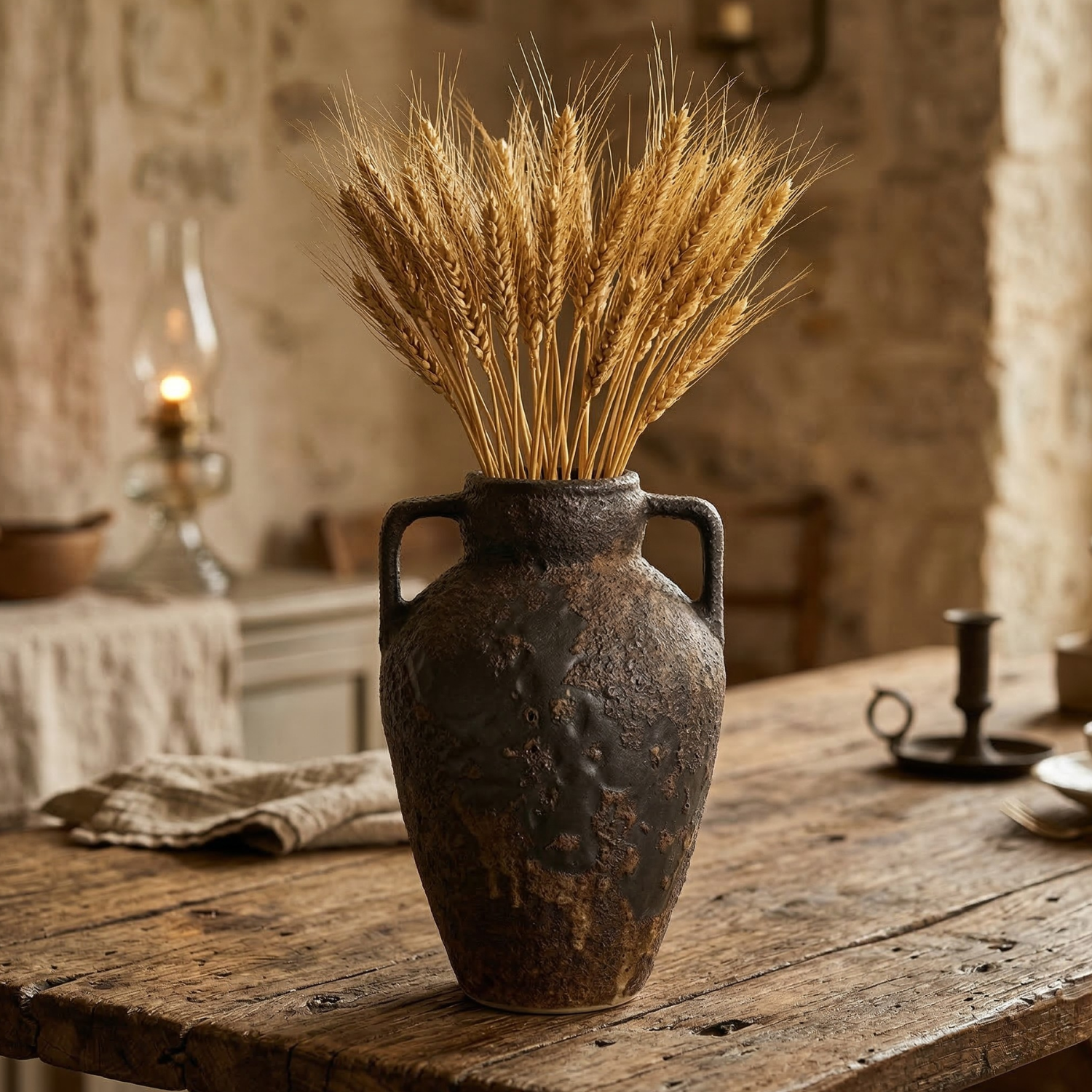 Ceramic amphora vase with two loop handles holding wheat-like stems, dark finish