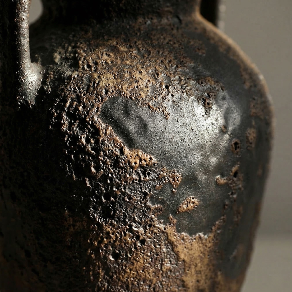 Close-up of dark ceramic amphora vase texture with mottled speckling and pits