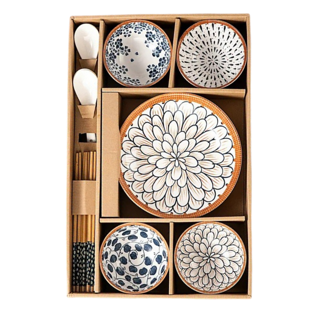 Porcelain dinnerware set for 2 in gift box: floral plate, patterned bowls, chopsticks and spoons